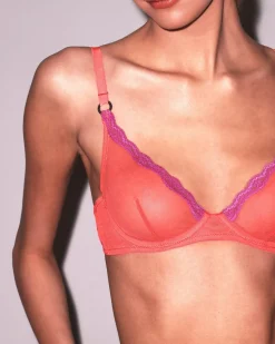 Fleur du Mal: Sheer Tulle Demi Bra - Neon Coral