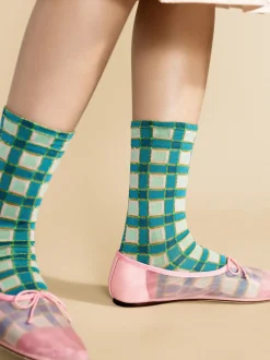 Hansel From Basel: Esther Plaid Crew Sock - Turquoise