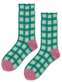 Hansel From Basel: Esther Plaid Crew Sock - Turquoise