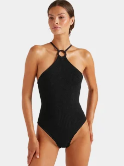 Hunza G: Jasmine High Neck with Tonal Hoop One Piece - Black
